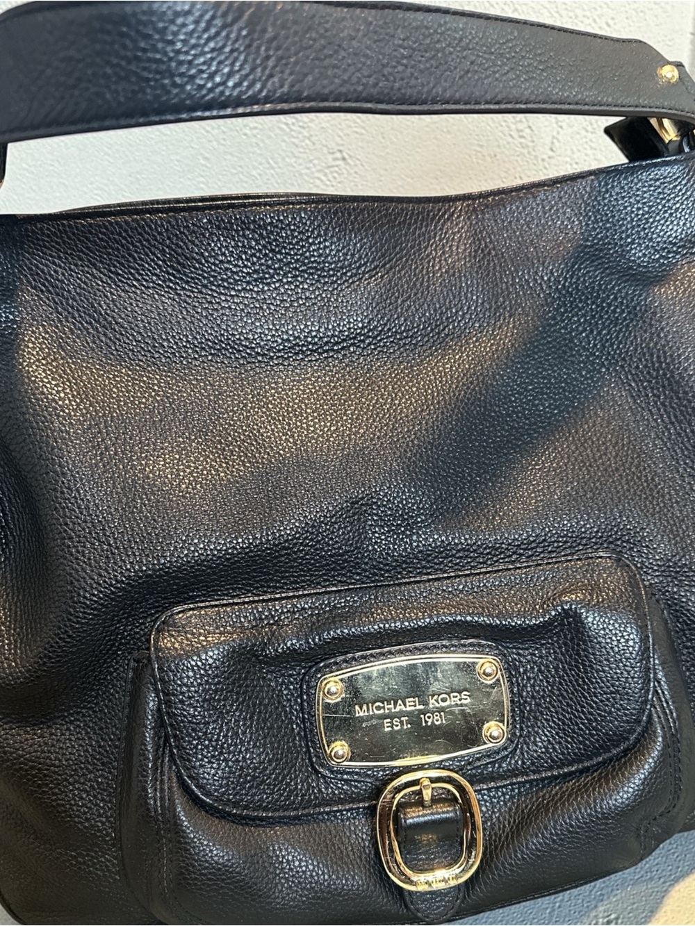 2012 Michael Kors Black Pebbled Leather Hobo Shoulder Bag with Gold Hardware